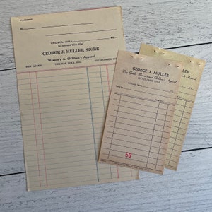 Vintage George J. Muller winkelbonset. Droge goederen, dames- en kinderkleding Opgericht in 1913 Set van 3 vellen