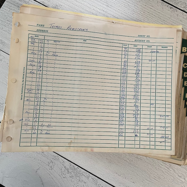 May include: A stack of vintage ledger sheets with handwritten entries. The top sheet is labeled "Thomas Armstrong" and includes columns for dates, items, credits, and balances. The paper has a yellowed hue, with visible hole punches along the left edge.