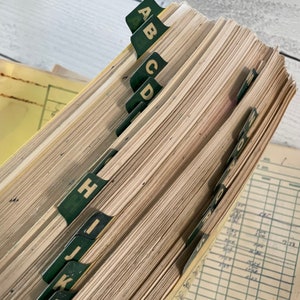 May include: A vintage address book with green tabs labeled A through K. The pages are aged with a yellowed hue, and the book is open, displaying the alphabetical dividers. The background is a light wood.