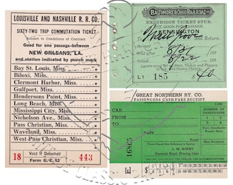 Antique Railroad Tickets and Passes Set of 3 PNG Digital Image Clip Art Commercial Use