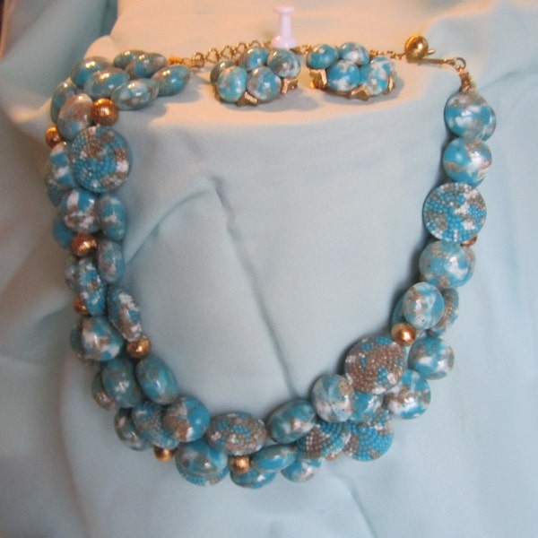Vintage three strand sky blue, white and gold marble costume jewelry bead necklace and clip earrings (unique set)