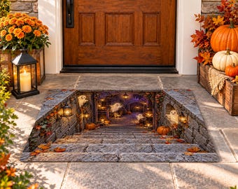 3D Ghost Stairway Halloween Doormat, Cute Haunted Cellar Door Mat, Spooky Optical Illusion Rug, Pumpkin Ghost, Halloween Porch Decor