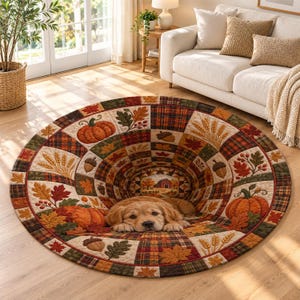 Fall Puppy Round Rug, Pumpkin Patchwork Area Rug, 3D Quilt Illusion Floor Mat, Autumn Farmhouse Decor, Cozy Harvest Pet Rug