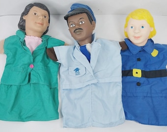 Vintage 1990s Learning Resources Hand Puppets Plastic Heads Doctor, Postal Worker, Police