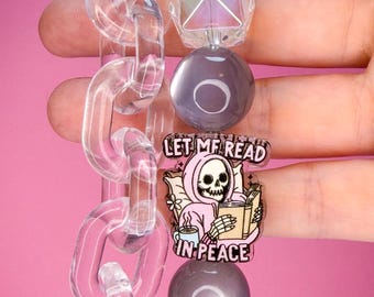 Let Me Read in Peace Skull Beaded Kindle Strap, Pink Charm Accessory Book Lover,