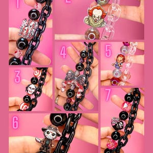May include: A collection of seven beaded keychains featuring horror-themed charms, including Pennywise, Chucky, Jason Voorhees, and Ghostface, paired with black or clear plastic chain links and various colorful, patterned, and solid-colored beads.