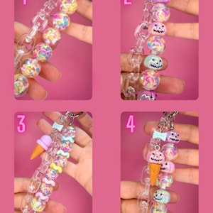 May include: Four keychains featuring clear plastic chain links and colorful beads. Keychain 1 has confetti-filled beads. Keychain 2 includes pastel pumpkin-shaped beads. Keychain 3 features ice cream cone charms. Keychain 4 combines pumpkin beads and ice cream charms.