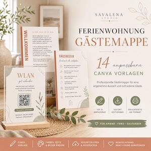 Könnte beinhalten: Ein Set aus digitalen Vorlagen für eine Ferienwohnungs-Gästemappe mit dem Text SAVALENA STUDIO, FERIENWOHNUNG GÄSTEMAPPE, 14 anpassbare CANVA VORLAGEN sowie verschiedenen Informationskarten mit Symbolen, botanischen Illustrationen und QR-Codes.