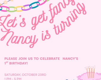 Fancy Nancy-verjaardagsuitnodiging voor verjaardagsfeestje - digitale download