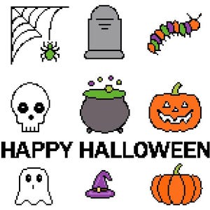 Peut inclure: Illustration en pixel art avec des icônes sur le thème d'Halloween. Comprend une toile d'araignée avec une araignée, une pierre tombale, une chenille, un crâne, un chaudron, une citrouille d'Halloween, un fantôme, un chapeau de sorcière et le texte "HAPPY HALLOWEEN".