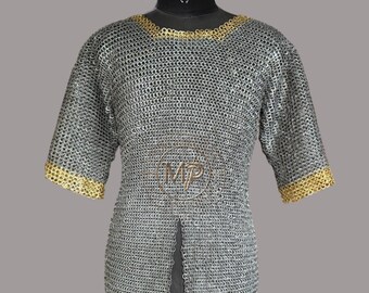 Chainmail Half Sleeves Shirt, 9MM Flat Ring Riveted With Washer Brass Trim, Christmas Costume
