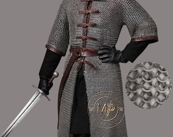 Viking Chainmail Hauberk Front Open| 9mm Flat Ring Dome Riveted HMB Chain Mail Shirt, Half Sleeves Costume