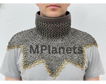 Chainmail Collar, 9MM Flat Ring, Brass Trim, LARP Costume