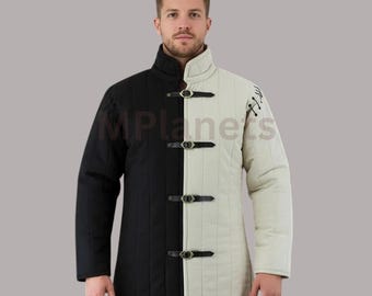 Medeltida Gambeson Vit Med Svart Bomullsvaddering