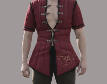Ren Faire Gambeson Maroon Color with Black Trim Medieval Costume for Larp Events