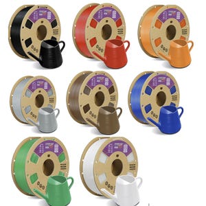 Puede incluir: Una colecci&oacute;n de bobinas de filamento para impresora 3D Overture ASA en varios colores: negro, rojo, naranja, plateado, marr&oacute;n, azul, verde y blanco. Cada bobina se muestra con una peque&ntilde;a regadera.