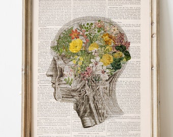 Soyez gentil avec votre esprit Art anatomie - oeuvre d'art murale - impression florale - art médical - art du cerveau - art mural anatomie - SKA312