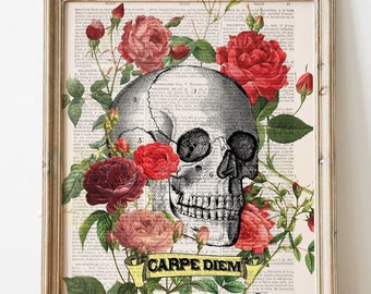 Psychedelic Art - Home decor - Human skull art  - CARPE DIEM Roses Skull Tattoo art - Old school tattoo wall art - Skull art - SKA075