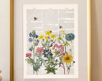 Flower wall art, with wild flowers and Bees , Housewarming Gift, Bee Wall Art, Dictionary Print, Book Page Art, Flower Book Print