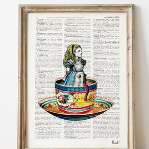 Alice in wonderland, Alice in a tea cup Collage Print on Vintage Dictionary page, Wall decor, Art print, ALW011b,