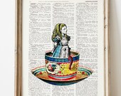 Alice in wonderland, Alice in a tea cup Collage Print on Vintage Dictionary page, Wall decor, Art print, ALW011b,