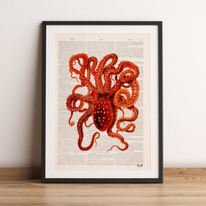 Ocean Wall Art,  Home gift, Octopus in hot orange Art Print on Dictionary page, Octopus wall art, Sealife wall decor, Octopus art, SEA002