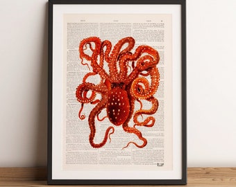 Orange Octopus Art Print: Vintage Dictionary Page Sealife Wall Decor