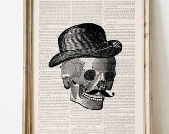 Book Print Skull Vintage Art Print - Vintage Skull of a man with a hat upcycled art book - Wall art - book print - gift for him - SKA008