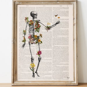 Skeleton Art Print | Relaxed Walk with Flower & Butterfly | Vibrant Botanical Anatomy on Book Page | Nature Lover Gift