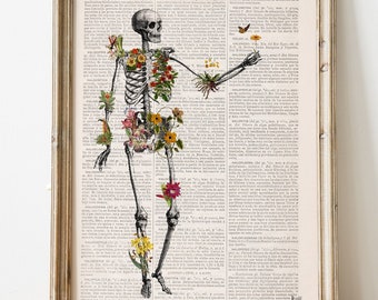 Lámina artística de esqueleto / Paseo relajado con flor y mariposa / Anatomía botánica vibrante en la página de un libro / Regalo para amantes de la naturaleza