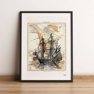 Unikat Wandkunst, Altes Schiff und vintage amerikanische Landkarte, Wanddruck, Wanddeko, Meer Wanddeko, Schiff Kunst, Wanddeko, SEA220