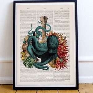 Octopus Lungs Anatomy Art Print: Seabed Collage on Book Page