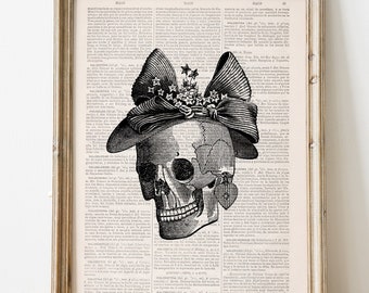 Black Art - Skull Book Print Vintage - Print Skull of a woman with a hat - Collage book print art - wall decor - wall art - SKA009