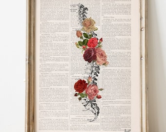 Roses Spine Anatomy Print on Book Page | Gift for Chiropractor, PT or Doctor | Vintage Medical Wall Art | Delicate Floral Spine Decor