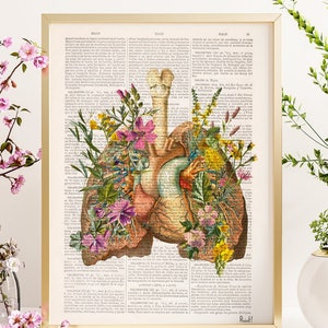 Human Anatomy Lungs Art Print Nature Inspired Yoga Decor Health Awareness Gift SKA099 Book Page L 8.1x12 inches