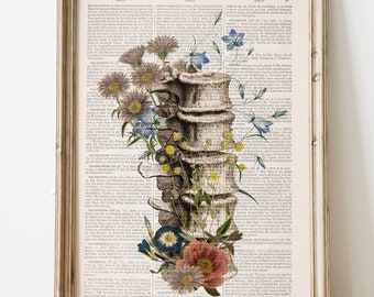 Spine Anatomy Art Print: Peony Flowers on Vintage Book Page