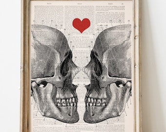 Skull Love Collage Art Print: Upcycled Book Page Halloween Decor