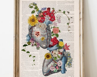 Lámina artística Dos corazones unidos por flores / Regalo romántico para parejas / Regalo único de aniversario de bodas / Anatomía floral del amor