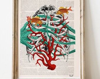 Human Sternum Coral Reef Art Print | Marine Biology Ribcage Collage on Book Page | Unique Ocean Oddities Gift | Vintage Anatomy