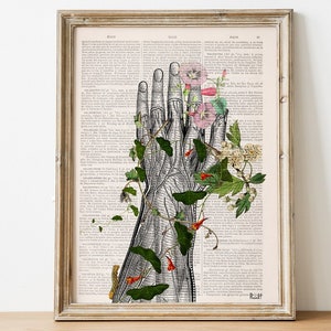 Anatomy Art Print: Human Hand with Flowers on Dictionary Page