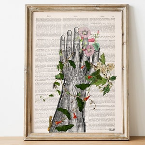 Psychedelic Art, Wall art print Human hand with flowers, Anatomy Print on dictionary, Anatomy art, human art, wall decor art print, SKA092 image 1