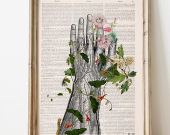 Psychedelic Art, Wall art print Human hand with flowers, Anatomy Print on dictionary, Anatomy art, human art, wall decor art print,  SKA092