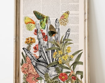 Anatomical Hand & Butterflies Floral Print on Book Page | Healing Art for Therapist Gift | Vintage Anatomy Study