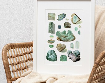 Aquamarine Crystals Collection Chart Print | Geologist Rockhound Gift | Blue Green Wall Decor | Science Poster