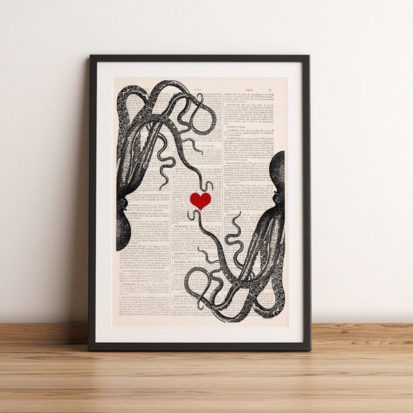 Décoration murale - Imprimé pieuvre amoureuse - Art de pieuvre - Nouveau cadeau pour la maison - Imprimé animal marin - Art mural amour - Déco de chambre à coucher - SEA067
