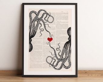 Original Art - Octopus in Love Print - Octopus Art - New home gift - Sea Animal Print - Love Wall Art - Bedroom Decor teens - SEA067