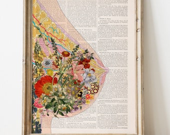 Floral Breast Anatomy Print on Book Page | Gift for Midwife, Doula, or LC | Empowering New Mom Gift | Vintage Feminine Art