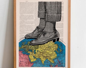 World Map Shoes Collage Print: Upcycled Dictionary Art