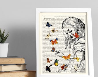 Alice in Wonderland Butterfly Art Print | Whimsical Fantasy Literary Decor | Vintage Dictionary Page Garden Gift