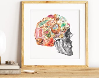 Stampa di teschio umano e studio di minerali / Quadro anatomico da parete con geode rosa / Regalo scientifico unico per lui/lei / Gabinetto delle curiosità